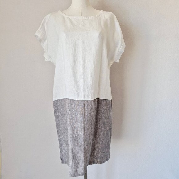 NWT Garnet Hill Meraki Linen Color Block Shift Dress Pocket White Grey - Picture 1 of 14